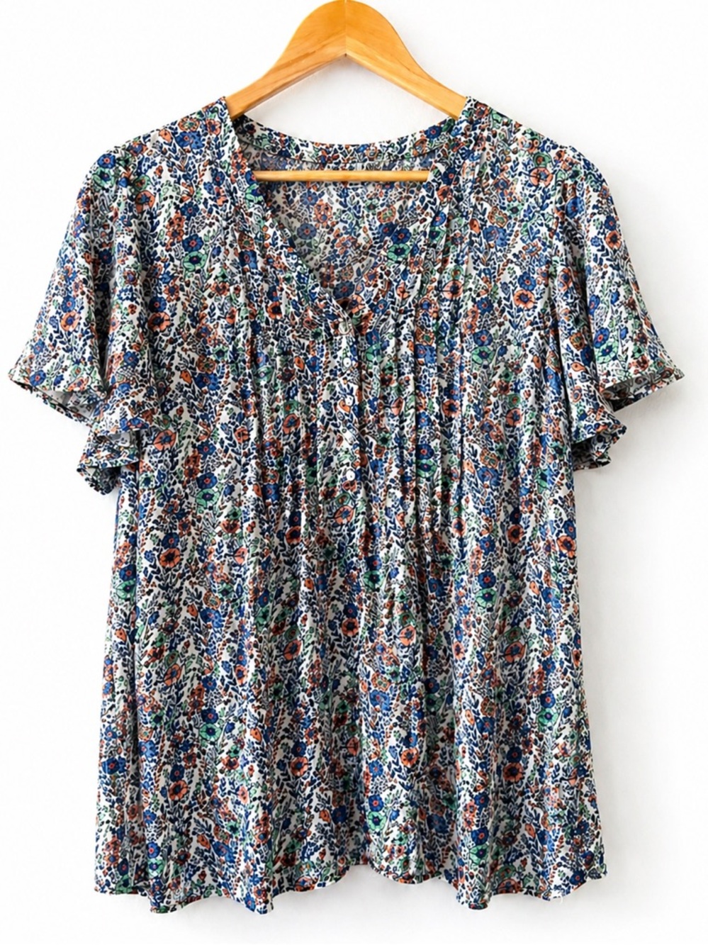 Rose + Olive Floral V-Neck Flutter Sleeve Top - Size 1X